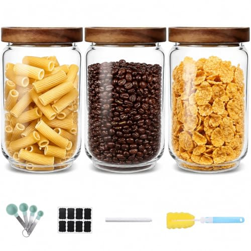 Luabue 3 Piezas Tarros de Cristal con Tapa 740ML | Botes de Cristal con Tapa de Madera para Alimentos, Pasta, Cereales, Legumbres, Café