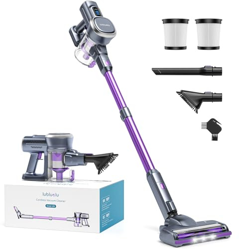 Lubluelu Aspirateur Balai sans Fil 27000pa, Aspirateurs sans Fil Puissant 220W, 50min d'Autonomie Aspirateur avec Brosse Anti-Emmêlementet pour Sol Dur, Tapis et Poils d'animaux (Violet Gris)