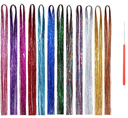 ZJchao Set, Zubehör, Glitzerndes 47-Zoll-Lametta-Set mit 2400 Strähnen in 12 Gemischten Farben, Glitzernde Haarverlängerungen für Frauen und Mädchen – für Weihnachten, Neujahr, Halloween-Cosplay