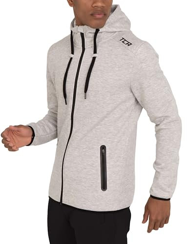 TCA Men’s Revolution Tech Workout Thermal Running Hoodie Jacket with Zip Pockets and Thumbholes - Quiet Shade Grey, L