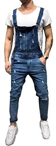 FANSU Salopette da Uomo con Jeans, Tuta di Jeans Strappati Moda Lavaggio Rotto Tasca Pantaloni Reggicalze Pantaloni Casual da Elasticizzato (S,Blu scuro)