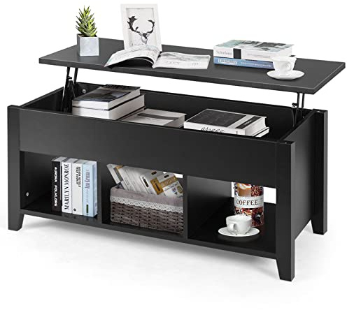 GIANTEX Couchtisch mit höhenverstellbarer Platte Kaffeetisch Sofatisch mit Aufbewahrungskorb ausziehbarer Wohnzimmertisch Beistelltisch mit Federheber Teetisch 104,5 x 49,5 x 48,5/61 cm (Schwarz)