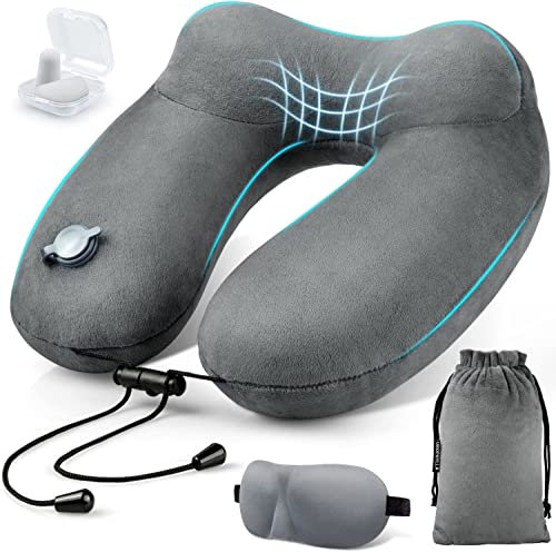 urophylla Inflatable Travel Neck Pillow for Airplanes, Super Soft Velvet Neck Support, Adjustable Firmness, Blow Up Plane Pillow for Long Flights, Road Trips, Travel Essentials with Eye Mask, Earplug