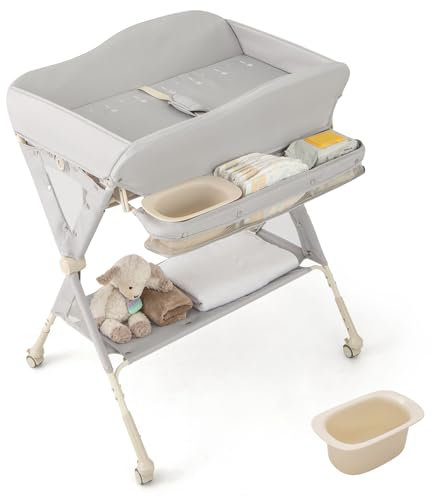 COSTWAY 5 in 1 Wickeltisch klappbar mit Rollen, Wickelkommode 3 stufig höhenverstellbar mit Wasserbecken & Lineal, mobile Wickelstation für Baby bis 6 Monaten (Grau)