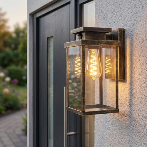 HOFSTEIN Außenwandleuchte Tieva, Außenwandlampe mit Bewegungsmelder aus Metall/Glas in Braun-Gold/Klar, Wandleuchte im Retro/Vintage-Design mit Lichteffekt, E27, IP44, Eingangsbereich, Haustür, Hof