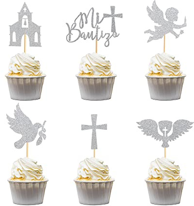 Arthsdite 24 Stück spanische Mi Bautizo Cupcake-Topper mit Kreuz, Engel, Taube, Kirche, Gral, Taufe, Cupcake-Picker für religiöse Gottessegen-Thema, Babyparty, Geburtstagsparty-Zubehör – Silber