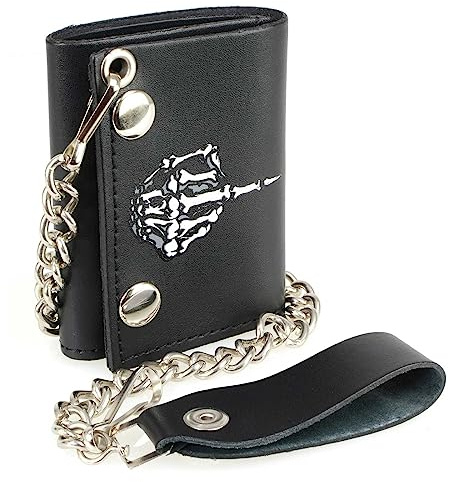 Milwaukee Leather MLW7840 Men's 4” Black Leather Biker Wallet - Tri-Fold Anti - Theft Stainless Steel Chain w/Skeleton Finger - One Size