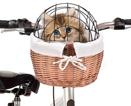 Vesone Katzenkorb für Fahrrad | Weiden-Fahrradkorb vorne aus Webstoff mit Drahtgeflecht-Abdeckung | Abnehmbarer Fahrrad-Hundeträger, Fahrrad-Haustierträgerkorb, Hundeträger zum Radfahren