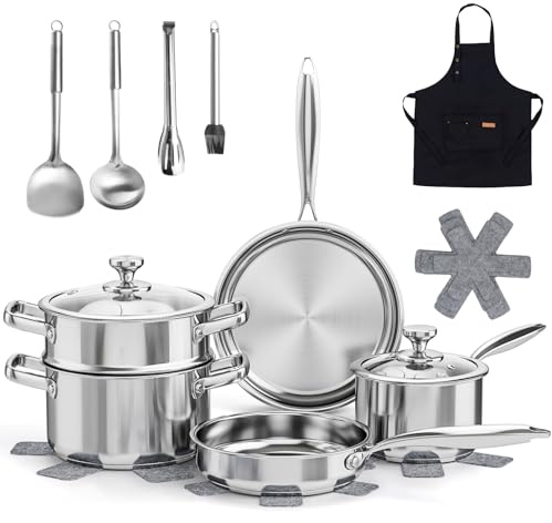 Meythway Juego de ollas y sartenes no tóxicas, 16 piezas de acero inoxidable con vaporizador, utensilios de cocina de inducción con juegos de utensilios, protectores de ollas y delantal para horno y
