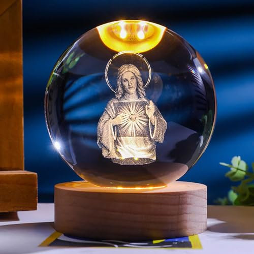 Caduola Sfera di cristallo sacra creativa,mani in preghiera in cristallo 3D con statua della croce di Gesù, luce notturna per camera da letto, decorazioni per la casa cattoliche cristiane (B)