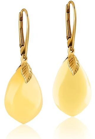 Amber by Mazukna - Orecchini in ambra – Eleganti gioielli in ambra da appendere con raccordo dorato per donna, orecchini a goccia in ambra, gioielli da donna, Argento sterling Ambra argento sterling