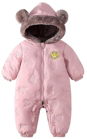 JiAmy Baby snödräkt sparkdräkt med huva vinterkläder pojkar flickor tecknad björn fleece jumpsuit 0-24 månader, Rosa, 6-9 Months