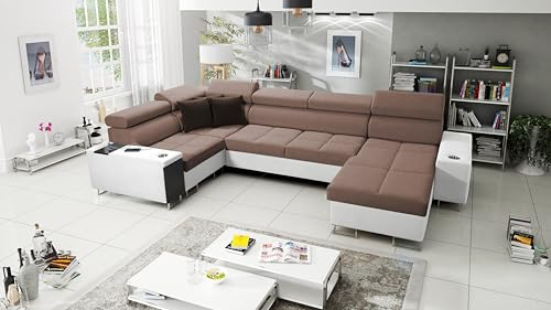 All4All Ecksofa mit Schlaffunktion Margo IV Maxi 360x207 cm - Schlafsofa mit Bettkasten - Wohnlandschaft in U-Form - XXL Sofa - Seite rechts - Gewebe mit Kunstleder - Braun/Weiß - Modern 26