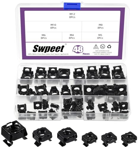 Swpeet 48Pcs 6 Sizes M4 M5 M6 M8 M10 M12 Black Zinc Plated Carbon Steel Snap-in Cage Nuts, Square Cage Nut, Rack Rail Retainer Nuts, Server Shelf Cabinets Rack Mount Cage Nuts, Clip-On Computer Nuts