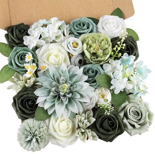 Grüne Blumen, Rosen, Pfingstrosen, Chrysanthemen, grüne Kunstblumen mit Stiel, Kunstblumenstrauß mit Box, DIY Blumenarrangements aus Seide für Hochzeiten, Tischdekorationen, Dekorationen für Zuha