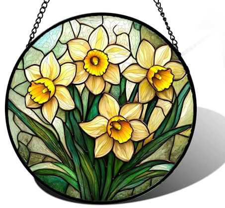 DASTOLL Stained Glass Window Hanging, Daffodil Plant Flowers Sun Catchers Diamond Glass Panel Hangings Suncatcher Decor for Birthday for Women, Men, Wife, Aunt, and Mom 7.8 in