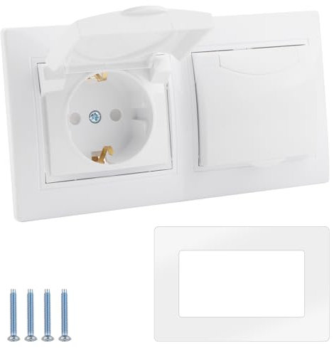 BlueXP Kit de Enchufe de Empotrar 2 VíAs 16A 250V Doble Toma con Tapa Abatible Blanco Para Exterior Resistente Al Agua con Contacto de Tierra y Tapa Abatible Para BañO Cocina Garaje