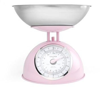 Báscula de Cocina Mecánica Retro Rosa Salter – Esfera Giratoria Grande de Fácil Lectura, Capacidad de 5 kg, Bol Seguro para Lavavajillas de 1 Litro, Báscula Analógica para Alimentos, Altura de 22 cm