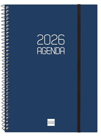 Finocam - Agenda Espiral 2026 Semana Vista Horizontal | Enero - Diciembre (12 meses) | Agenda Anual 2026 con goma | Tapa de polipropileno Espiral Opaque - Azul - Español