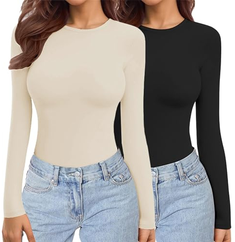 Ekouaer dam 2-pack långärmad tröja rund tröja undertröja lager te varm termisk topp smal passform bastoppar XS-XXL, Svart + beige, XXL