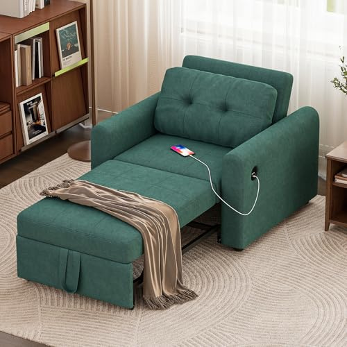 Luxstein Single Sofa Bed, 3-in-1 Convertible Sleeper Sofa Chair with Adjustable Backrest, USB Port and Side Pockets, Pull Out Sofa Beds for Living Room Guest Room Office, Green