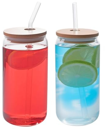 Yumzxin Can-Shaped Glass Tumbler Set (2-Pack) – 480ml Clear Cups with Bamboo Lids & Glass Straws for Beer, Iced Coffee, Soda, Cocktails