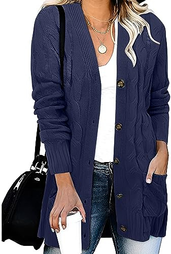 Cardigan Mujer Invierno Jersey Punto Mujer Larga Ligero Cómodo Chaqueta De Punto Largos Abierto Manga Larga Chaqueta Cárdigan Tallas Grandes Suéteres con Bolsillos(Marina Marina,XXL)