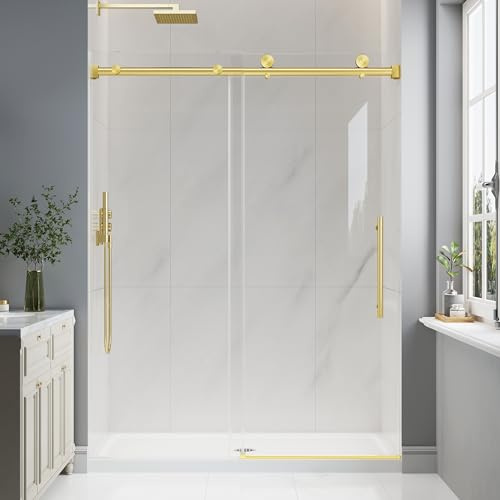 EASYWORC Frameless Glass Shower Door, 55-60 W x 76 H Sliding Frameless Shower Door, 1/4''(6mm) SGCC Tempered Glass, Explosion-Proof Film Nano Coating, Stainless Steel Hardware, Brushed Gold