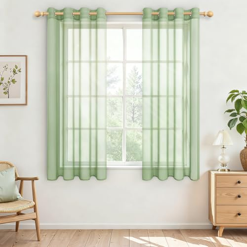 MRTREES Curtains with Eyelets, Set of 2, Sage Green, Transparent, H 160 x W 140 cm, Curtain for Bedroom, Living Room, Modern Transparent Eyelet Curtain for Kitchen, Children's Room, Window