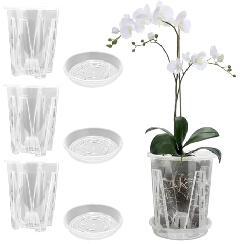 Cable Leader Lot de 3 Pots à orchidées Transparents en Fleur Plastique, Pot orchidée avec Trous de Drainage, perméables à l'air pour Plantes et Fleurs en intérieur et en extérieur (14 cm + Plateau)