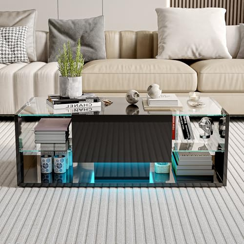 TIMORWTF Mesa Baja Rectangular,Mesa de Centro Moderna con Iluminación LED,Mesa de Salón para Café con 1 Cajón y Espacio de Almacenamiento Abierto,Tablero de Vidrio Templado,100x50x35cm, Negro