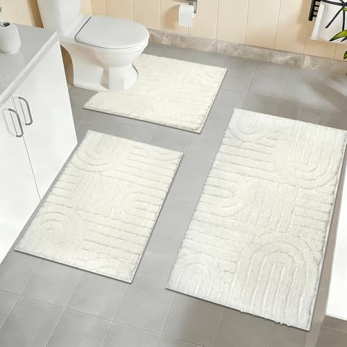 Homcomodar Badezimmerteppich Set 3 Weicher Mikrofaser Badematte rutschfest Badteppich Waschbar Badematte Wasserabsorbierend und U-Form Bad Toilette für Dusche, WC & Badewanne (White)