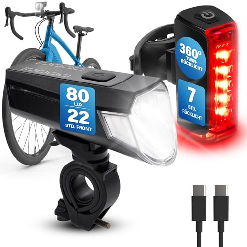FISCHER Twin Fahrradlicht Set, 360° Bodenbeleuchtung, LED Fahrradlampe 80 Lux, Akku aufladbar mit USB C, vorne und hinten werkzeuglos montierbar