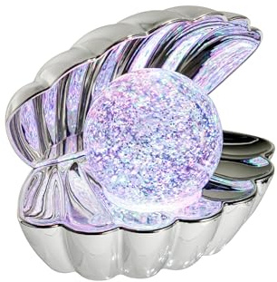 Baroni Home Lámpara Concha con Perla, Lámpara de Mesa LED – Diseño Decorativo con Efecto Mágico, USB o a Pilas, Lámpara Nocturna de Colores para Dormitorio, Salón y Regalo Original, 18x12x15 cm