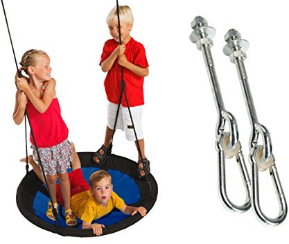 Nest Swing Seat With Soft Seating 100cm Diameter + Pair of M12 Swing Hooks 'Through' For Children's Swing Frames - Blue and Black - Holds Up to 150kg Weight.