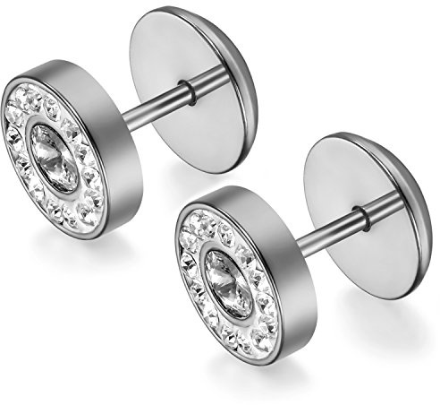 Flongo Edelstahl Gestüt Stecker Ohrringe Ohrstecker Ohrhänger Fake Plug Fakeplugs Strass Glas Silber Gold Golden Rund Charms Charme Herren