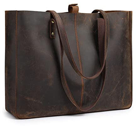 S-ZONE Women Vintage Crazy Horse Leather Tote Retro Shoulder Bag Large Handbag Purse with Removable Pouch