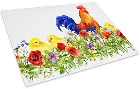 Watercolour Floral Chicken Glass Chopping Board Kitchen Worktop Saver Protector