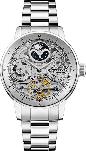 Ingersoll The Jazz 42 mm automatische Mondphasenuhr für Herren mit Skelettzifferblatt und Edelstahlarmband