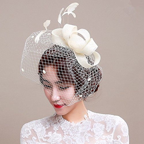 Cappello fascinator da donna con fascia per pillole, cappello a bombetta, velo, nastri in rete, copricapo per feste di nozze, cappello per donne e ragazze (stile 2-beige)