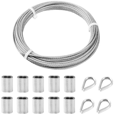 TooTaci 3mm Stainless Steel Wire Rope, 10M Steel Cable with M3 Crimping Sleeves & Thimble – Ideal for Garden Trellis, Fence Support, Railing & Outdoor Hanging Solutions