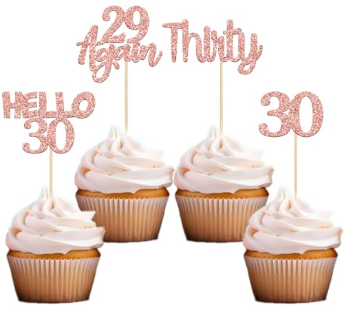 Gyufise 24Pcs Rose Gold Glitter 30th Birthday Cupcake Toppers Hello 30 Cake Decorations Again 29 Thirty Cupcake Picks for 30th Birthday Cake Decorations Supplies