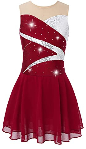 iEFiEL Mädchen Eiskunstlauf Kleid Glitzer Ärmellos Ballettkleid mit Strass Trikotanzug Kinder Tanzkleid Wettbewerb Tanzkostüm Rot 146-152