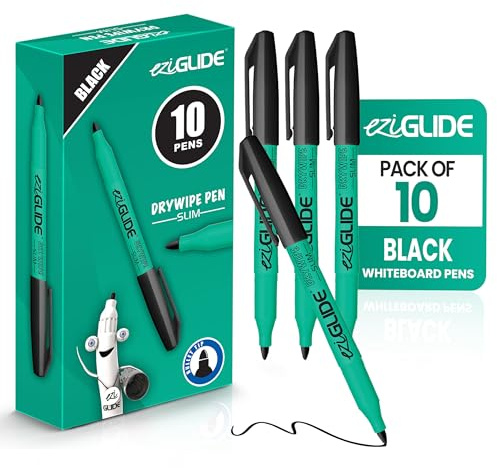 Eziglide Black Fine Tip Whiteboard Pens Pack of 10, Dry Wipe Markers for Board, Thin Slim Barrel Dry Erase Markers, Erasable Black Whiteboard Pens for School, Office & Home Schooling