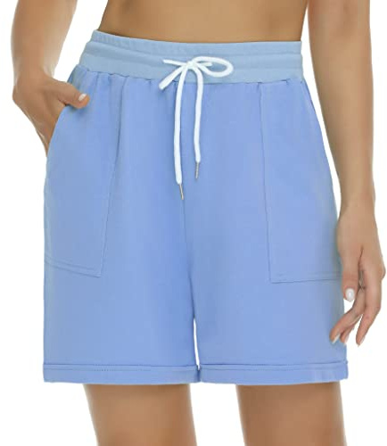 Shorts de Sport Femme Coton Pantalon Court Écontracté avec Poches Taille Haute Respirant Doux Short avec Cordon Élastique Bermuda pour Yoga Fitness Jogging Vacance