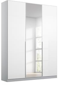 Rauch Möbel Alabama, Schrank, Farbe Hochglanz Weiß/Seidengrau, Breite 136cm | Kleiderschrank, 3-türig, mit Spiegel, Zubehör Basic, für Schlafzimmer, Kinderzimmer, Homeoffice, Garderobe, Flur