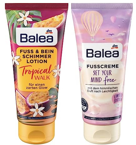 Balea 2er-Set Fußpflege: Fuss & Bein SCHIMMERLOTION TROPICAL WALK zarter Glow (100 ml) + Fußcreme SET YOUR MIND FREE für beanspruchte Füße (100 ml), 200 ml