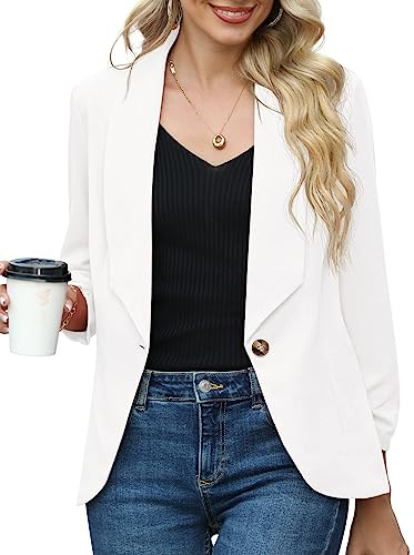 PrinStory Blazer för kvinnor 3/4 rynkade ärmar kavaj företag kontor kavaj kostym sportig jack trenchcoat, Vit, 34-36