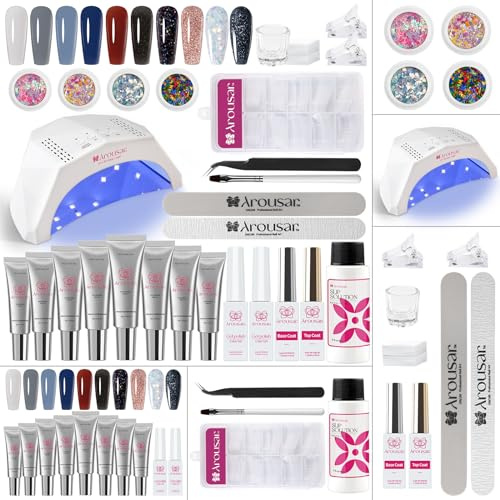 Arousar Gel de extensión de uñas, kit de 8 gel de uñas polivinílico y 2 uñas de gel, azul rojo transparente, capa superior y capa base, lámpara LED UV para uñas DIY en casa, salón para mujeres