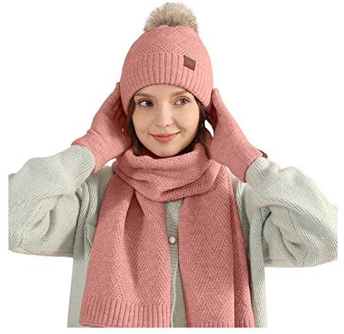Donne Inverno Caldo Cappello Pompon Lungo Sciarpa Guanti Tocco Set Maglia con Fodera In Pile Termico Regali Noel Donna, Rosa, Taglia unica